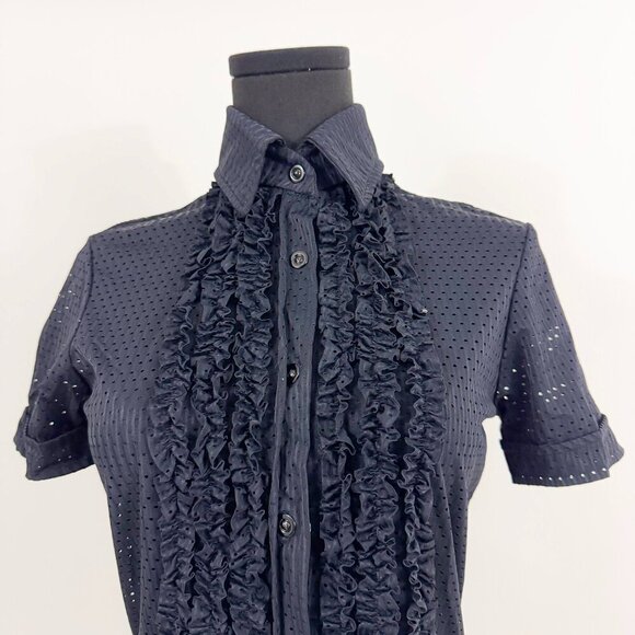 JEAN PAUL GAULTIER JPG BLACK BUTTON UP COLLARED SHIRT WITH RUFFLES - Picture 5 of 9